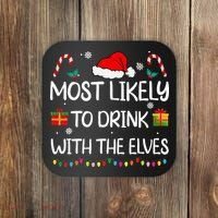 Most Likely To Drink With The Elves Elf Family Christmas Coaster thumb 0