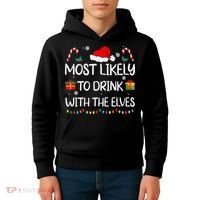 Most Likely To Drink With The Elves Elf Family Christmas Kids Hoodie thumb 4