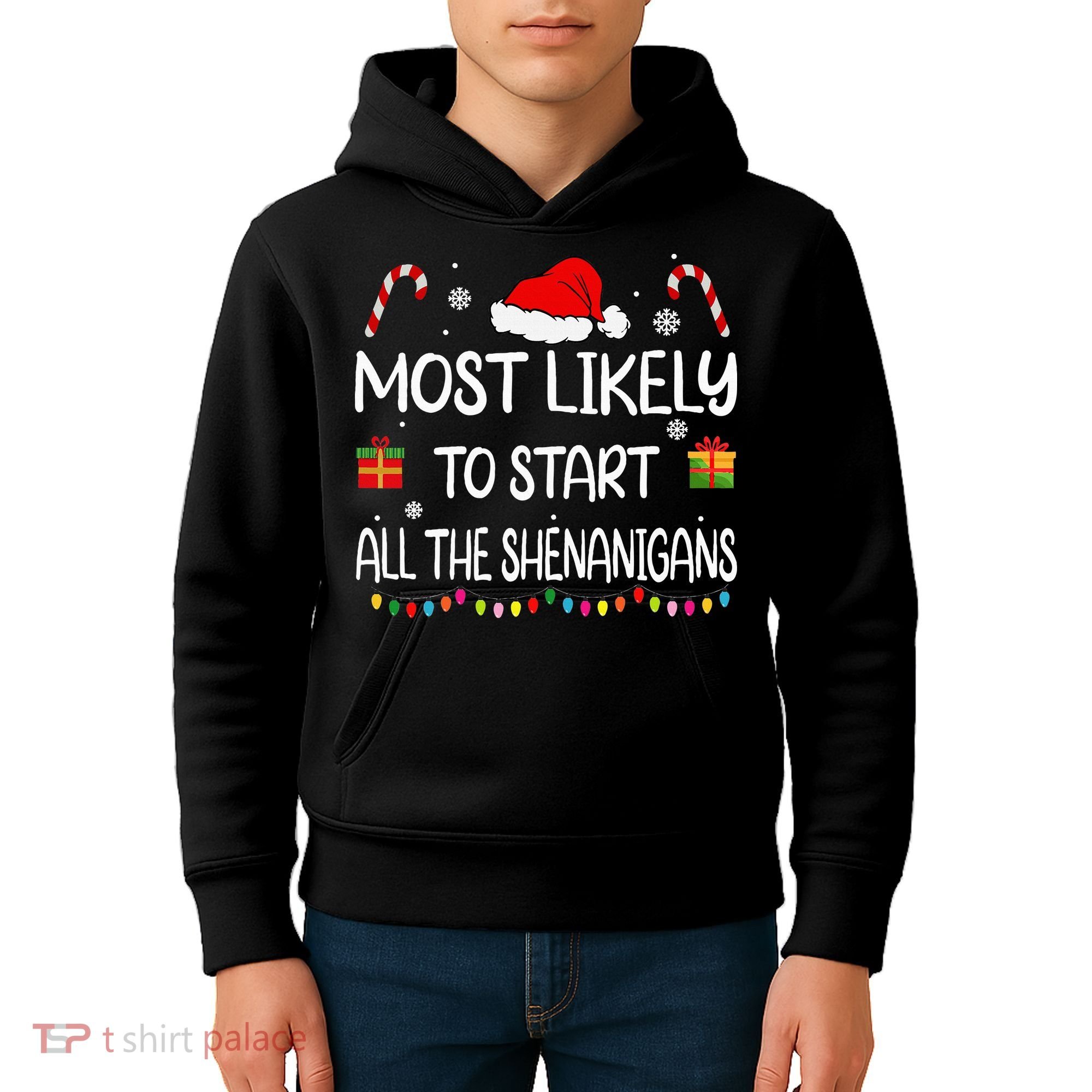 Most Likely To Start All The Shenanigans Family Christmas Kids Hoodie