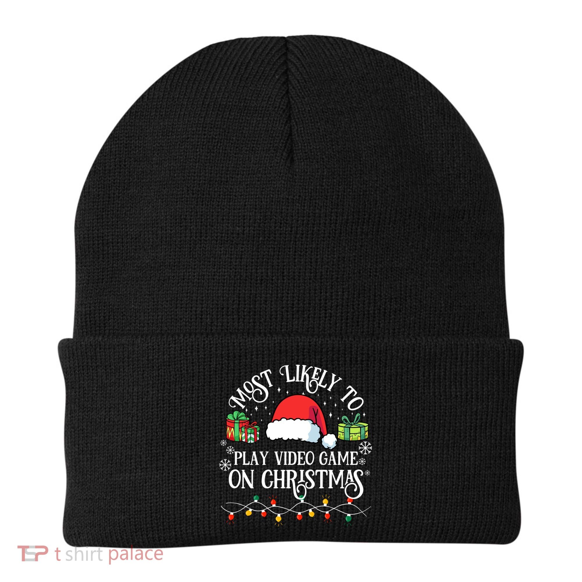 Most Likely To Play Videogame On Christmas Funny Xmas Pajama Funny Gift Beanie