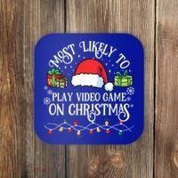 Most Likely To Play Videogame On Christmas Funny Xmas Pajama Funny Gift Coaster thumb 0