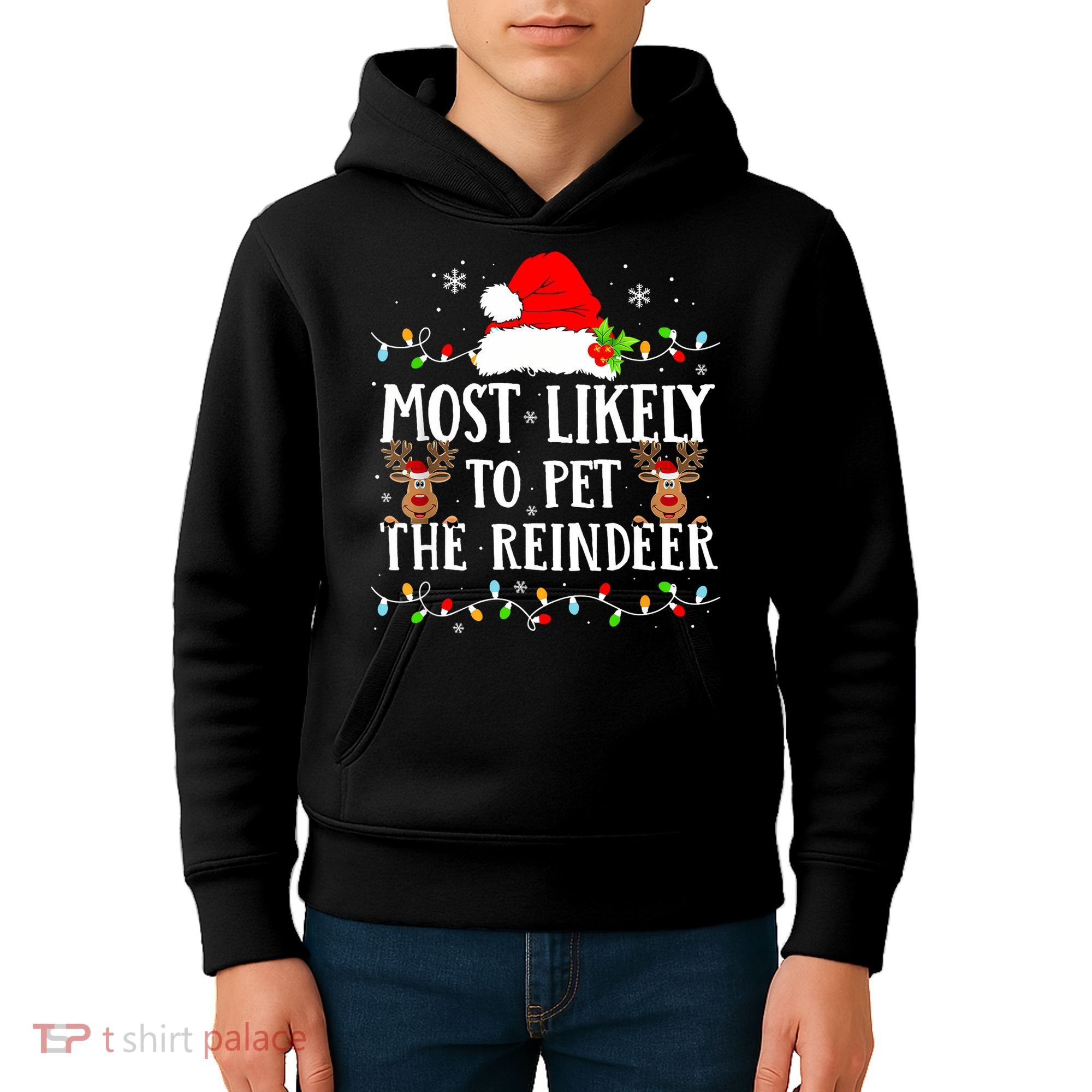 Most Likely To Pet The Reindeer Funny Christmas Family Kids Hoodie