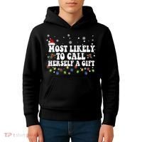 Most Likely To Call Herself Couple Matching Christmas Kids Hoodie thumb 4