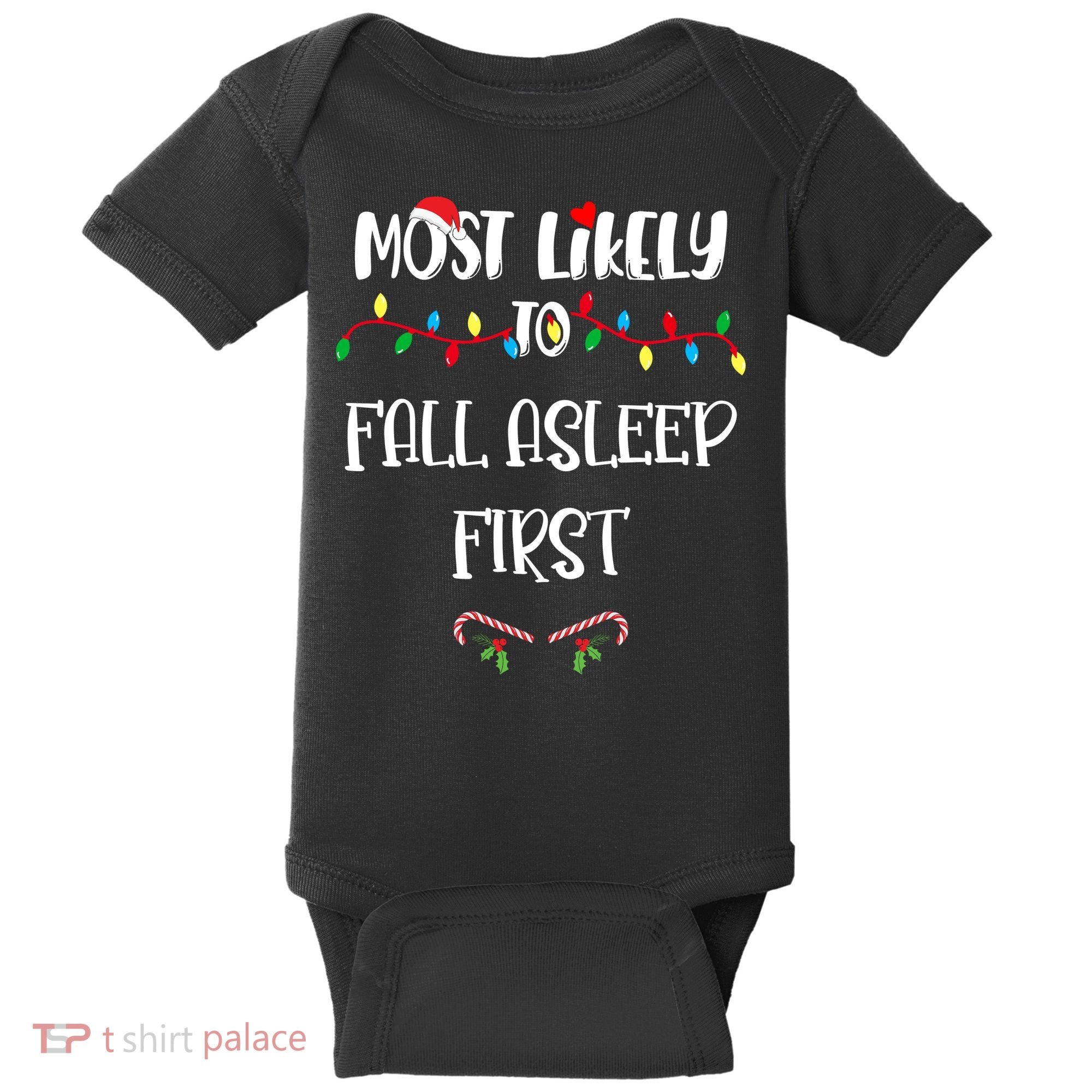 Most Likely To Fall Asleep First Christmas Shirts For Family Baby Bodysuit