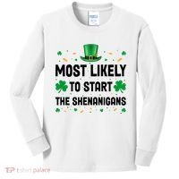 Most Likely To Start The Shenanigans Funny St Patricks Day Kids Long Sleeve Shirt thumb 0