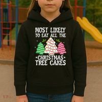 Most Likely To Eat All The Christmas Tree Cakes Funny Xmas Kids Hoodie thumb 3