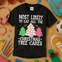 Most Likely To Eat All The Christmas Tree Cakes Funny Xmas Kids T-Shirt thumb 3