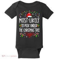 Most Likely To Peek Under The Christmas tree Family Xma Baby Bodysuit thumb 0