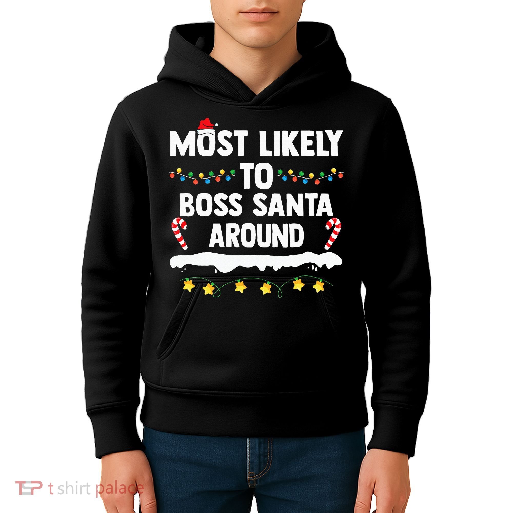 Most Likely To Boss Santa Around Matching Family Christmas Kids Hoodie