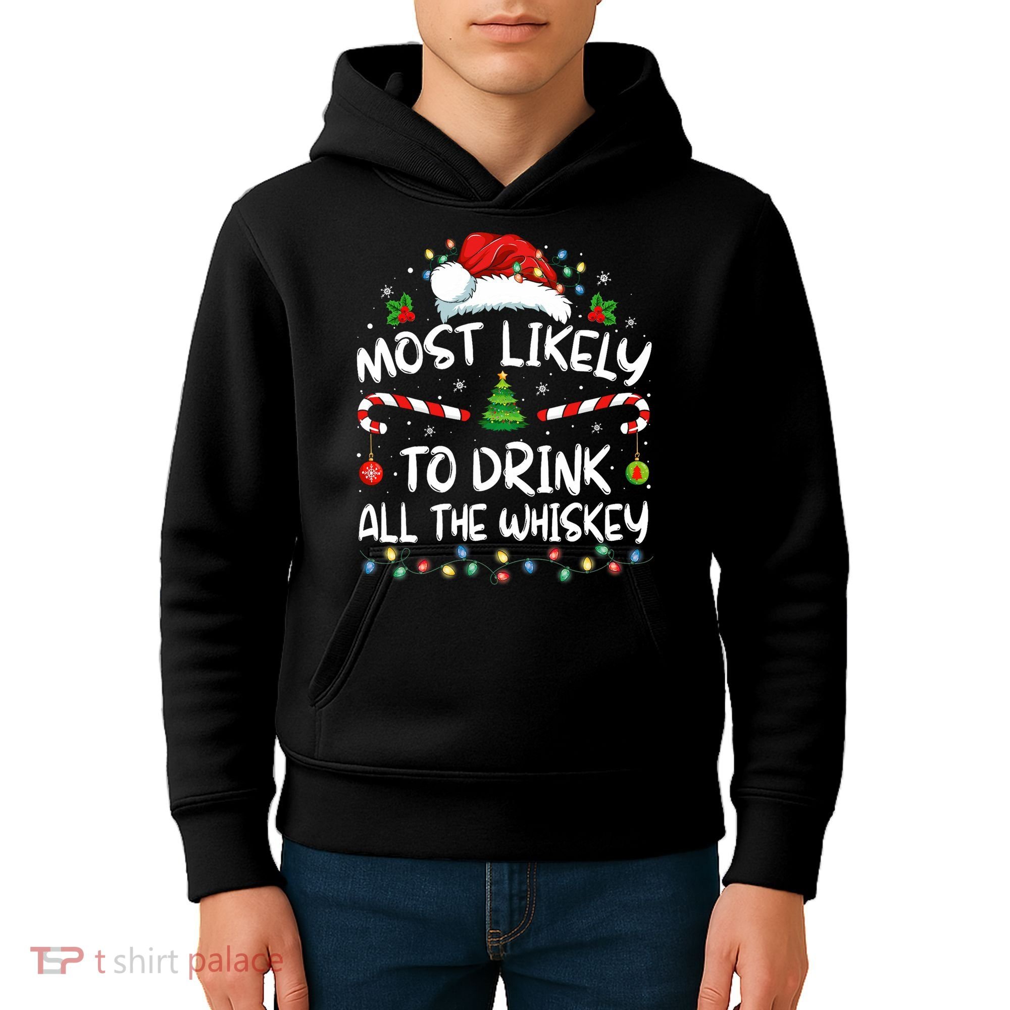 Most Likely To Drink All The Whiskey Santa Christmas Kids Hoodie