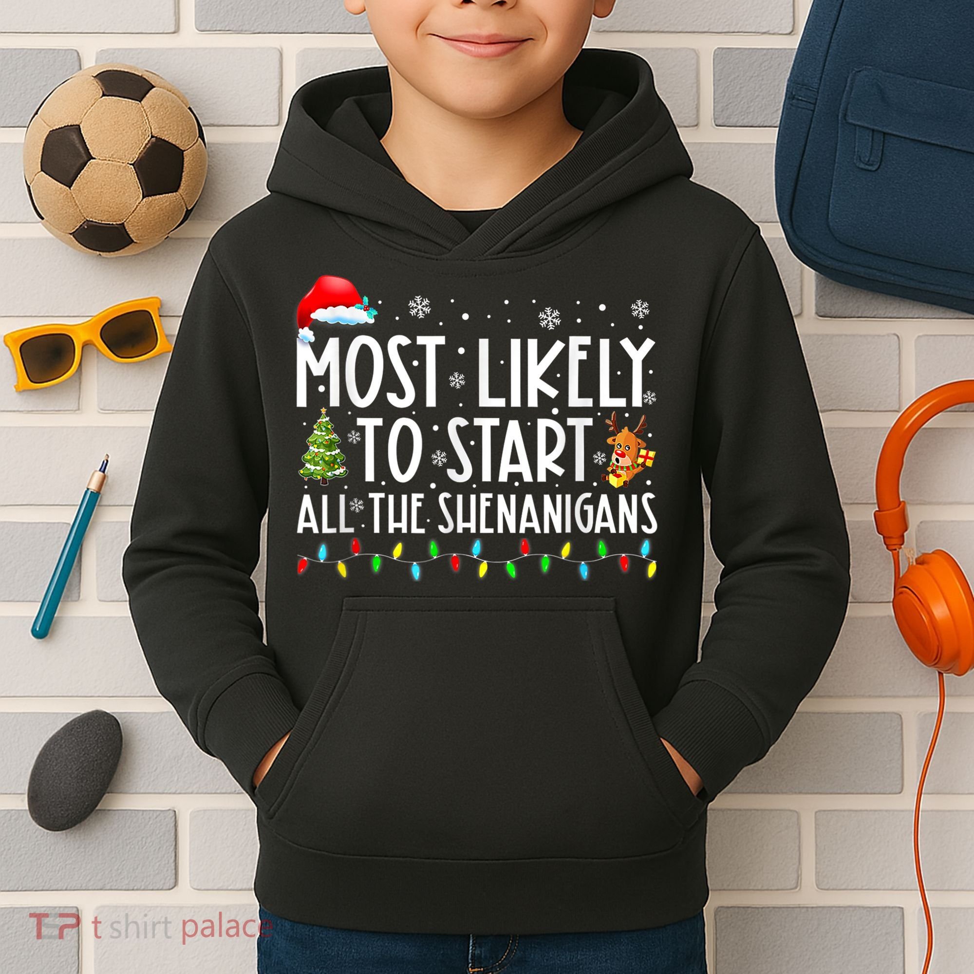 Most Likely To Start All The Shenanigans Family Xmas Holiday Kids Hoodie