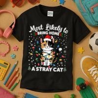 Most Likely To Bring Home A Stray Cat Matching Christmas Kids T-Shirt thumb 3
