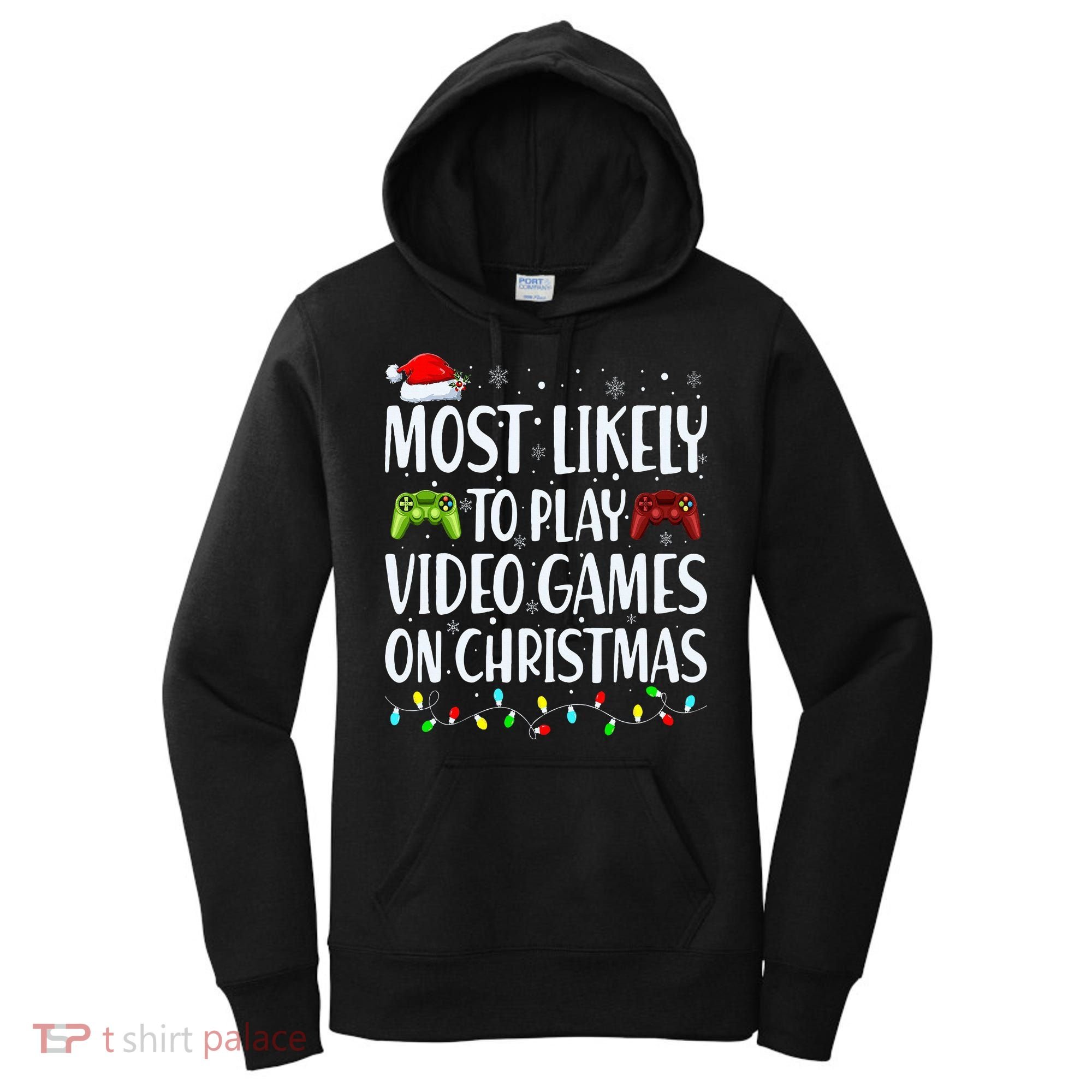 Most Likely To Play Video Games On Christmas Xmas Lights  Women's Hoodie