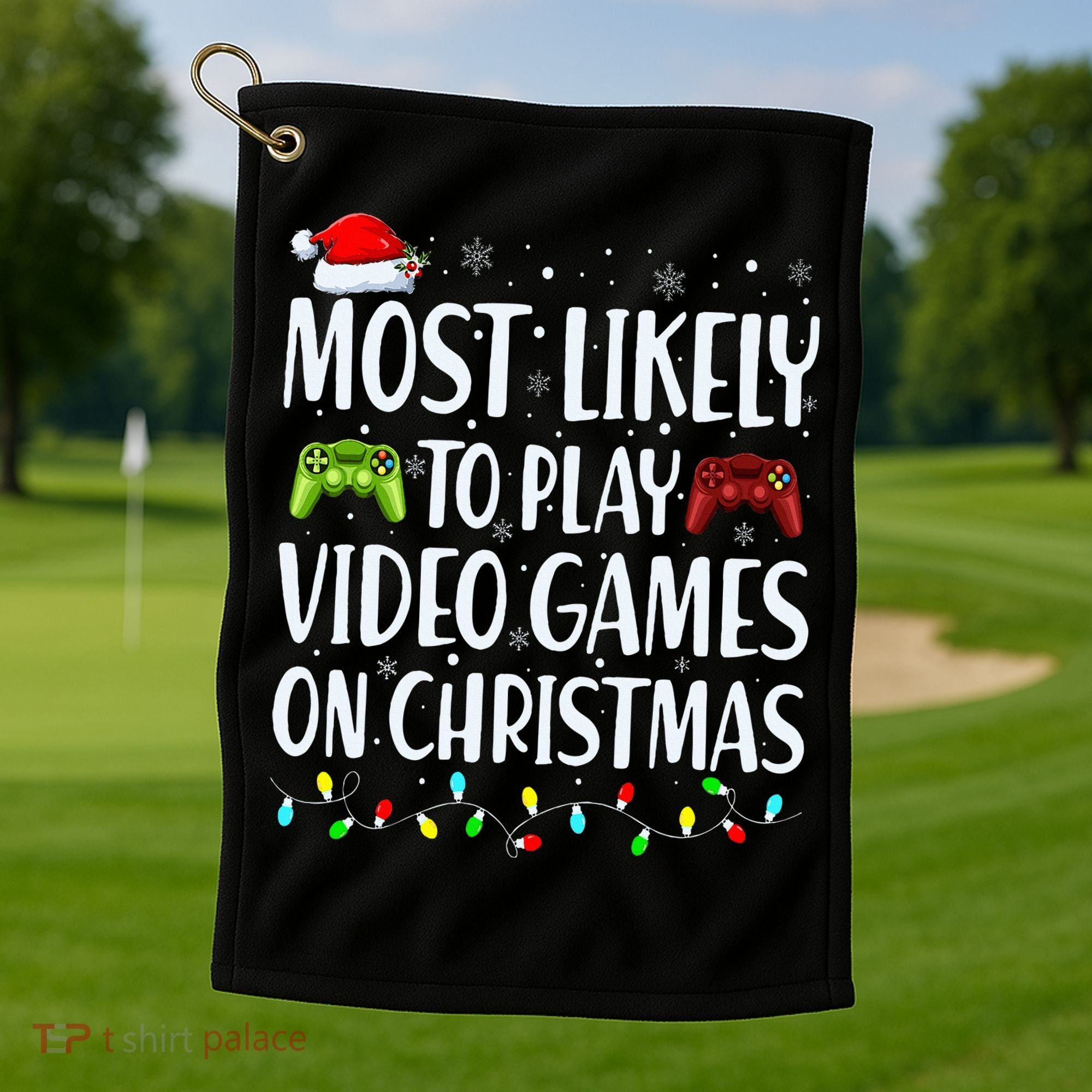 Most Likely To Play Video Games On Christmas Xmas Lights  Golf Towel