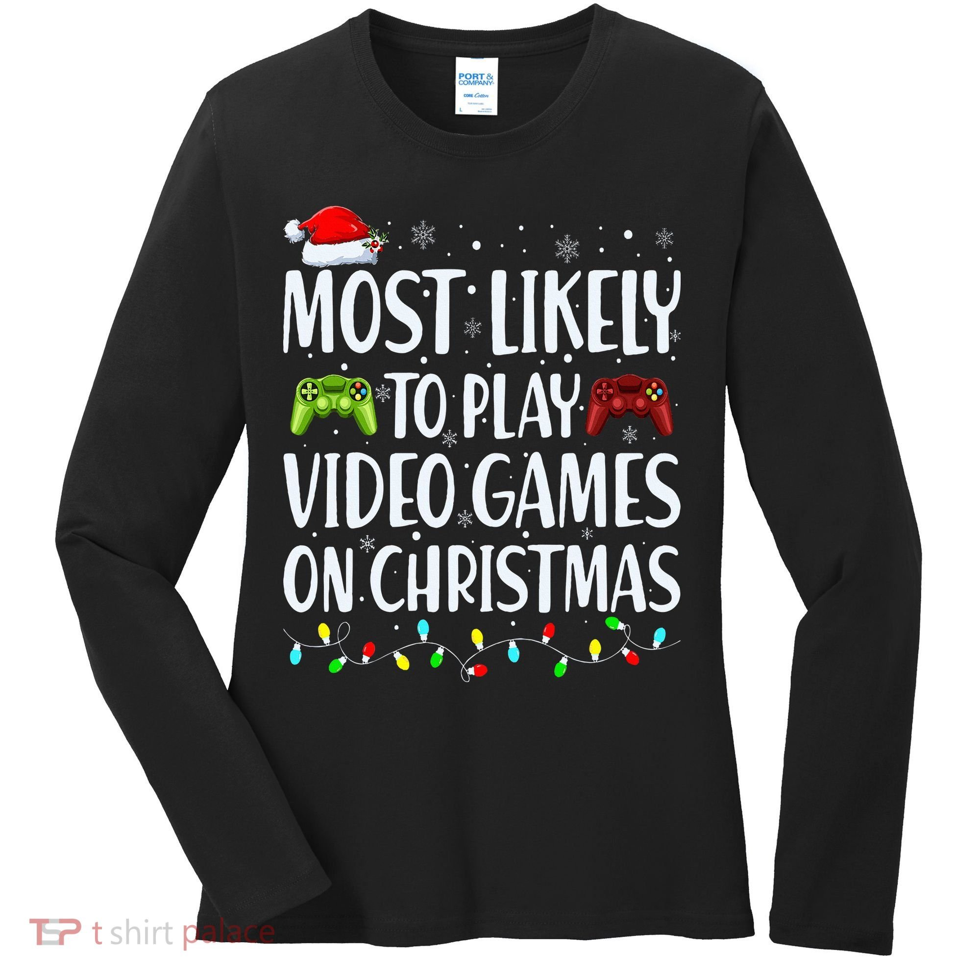 Most Likely To Play Video Games On Christmas Xmas Lights  Women's Long Sleeve Shirt