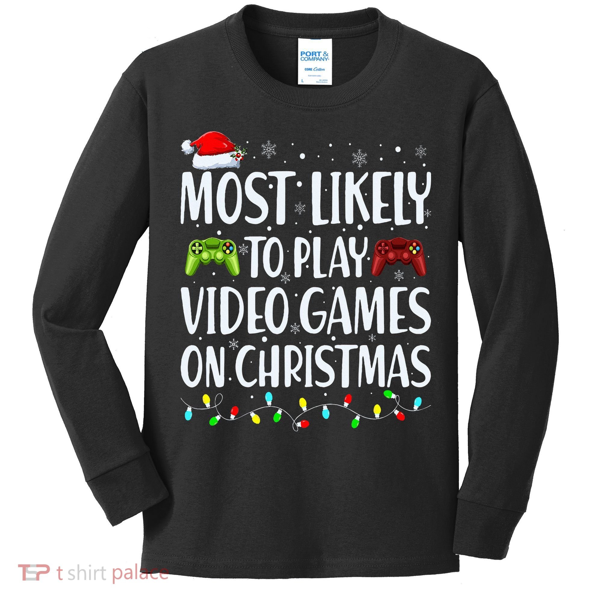 Most Likely To Play Video Games On Christmas Xmas Lights  Kids Long Sleeve Shirt