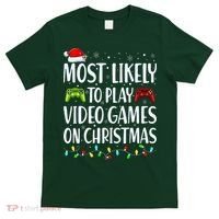 Most Likely To Play Video Games On Christmas Xmas Lights  T-Shirt thumb 0