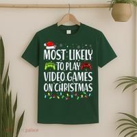 Most Likely To Play Video Games On Christmas Xmas Lights  T-Shirt thumb 2