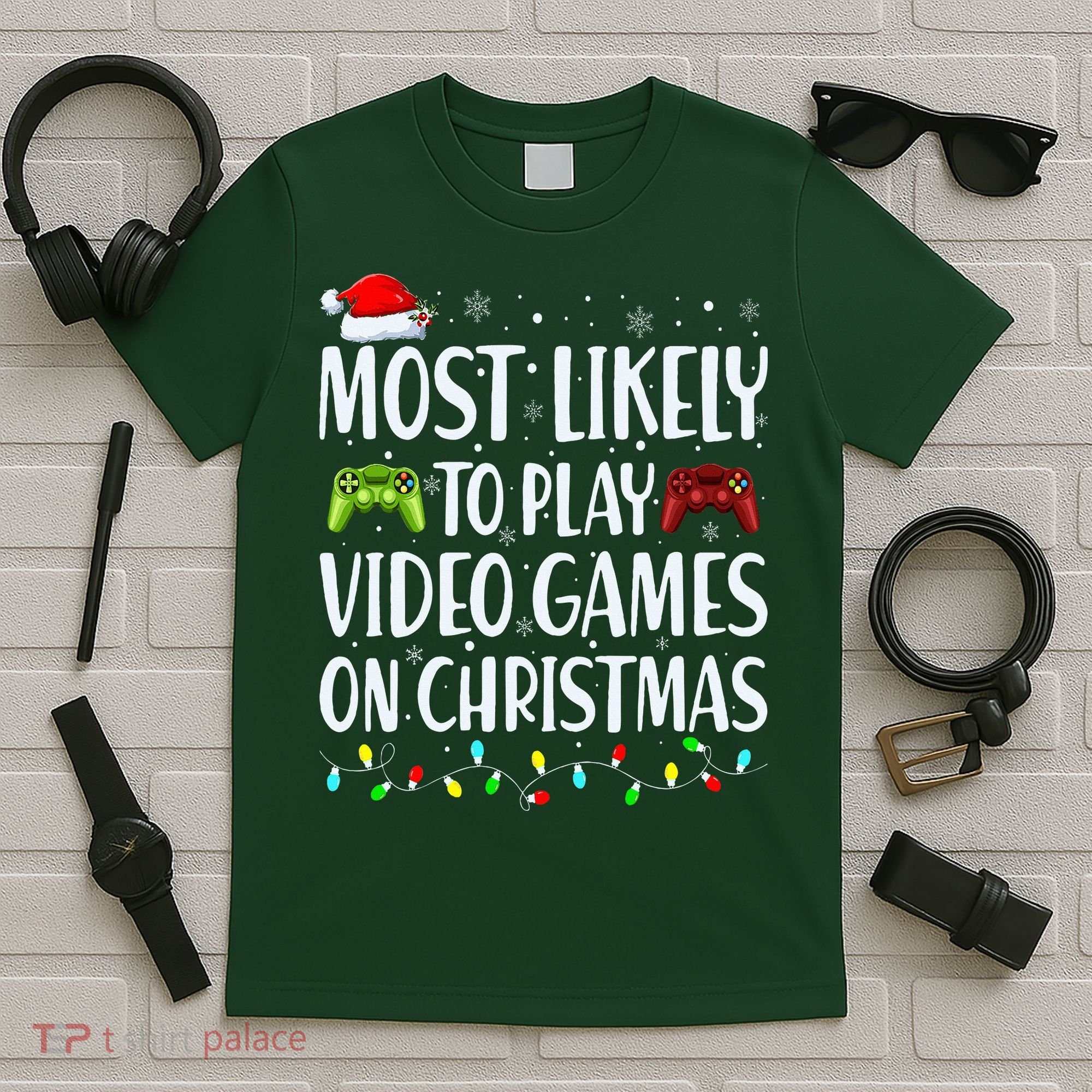 Most Likely To Play Video Games On Christmas Xmas Lights  T-Shirt