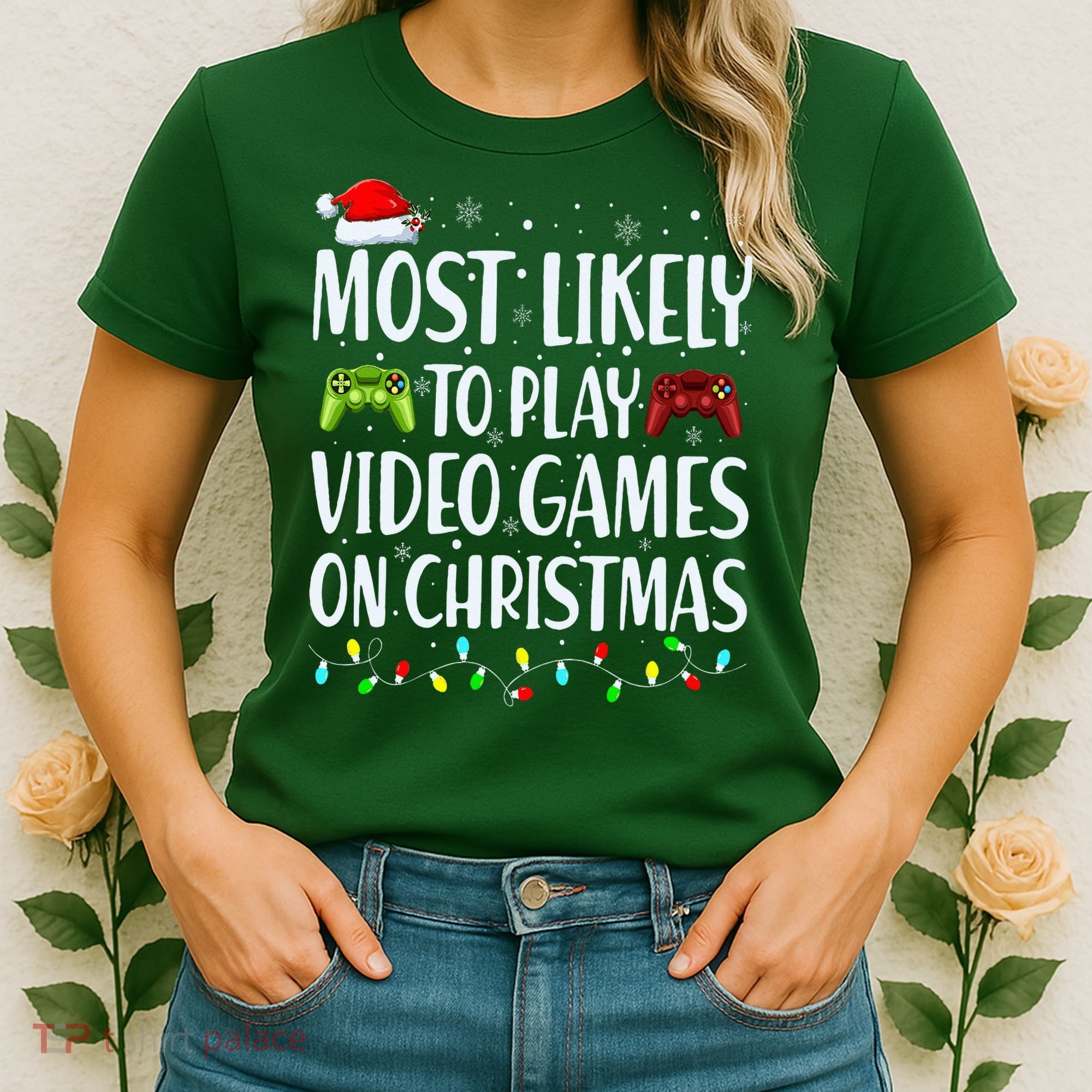 Most Likely To Play Video Games On Christmas Xmas Lights  Women's T-Shirt