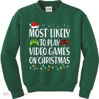 Most Likely To Play Video Games On Christmas Xmas Lights  Kids Sweatshirt thumb 0