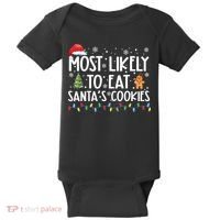 Most Likely To Eat Santas Cookies Funny Christmas Baby Bodysuit thumb 0