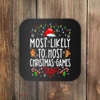 Most Likely To Host Christmas Games Funny Family Christmas Coaster thumb 0