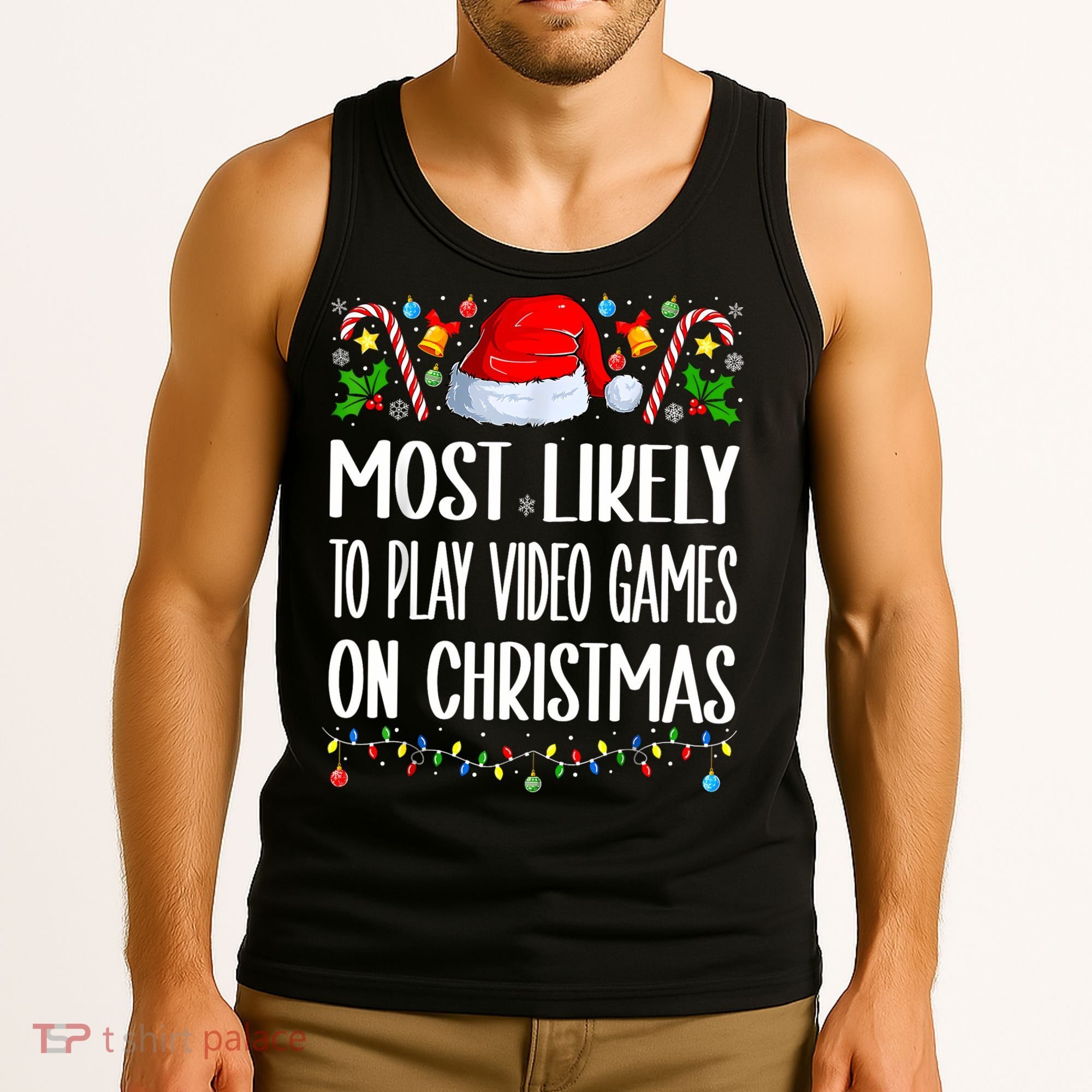 Most Likely To Play Video Games On Christmas Funny Pajamas Tank Top