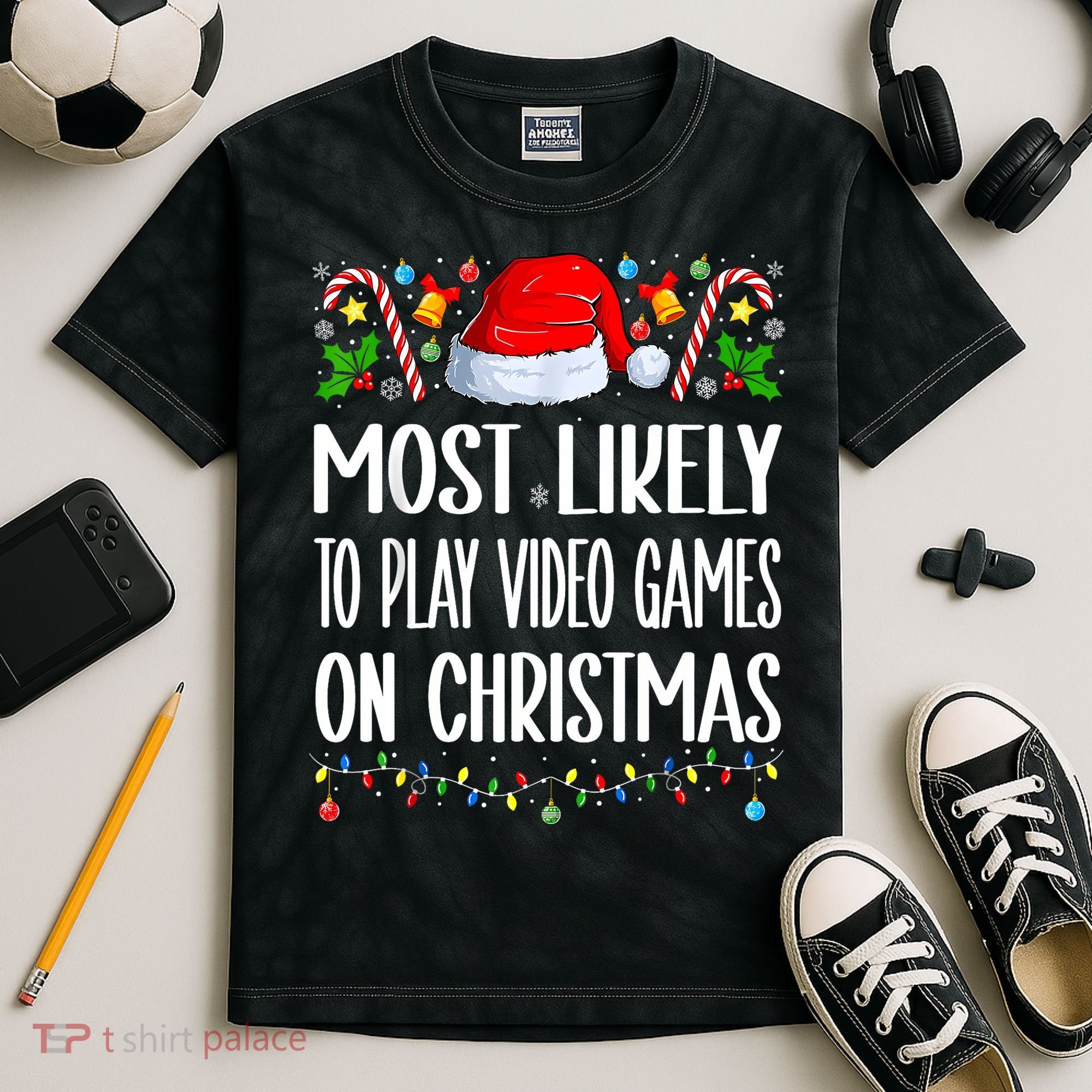 Most Likely To Play Video Games On Christmas Funny Pajamas Kids Tie-Dye T-Shirt