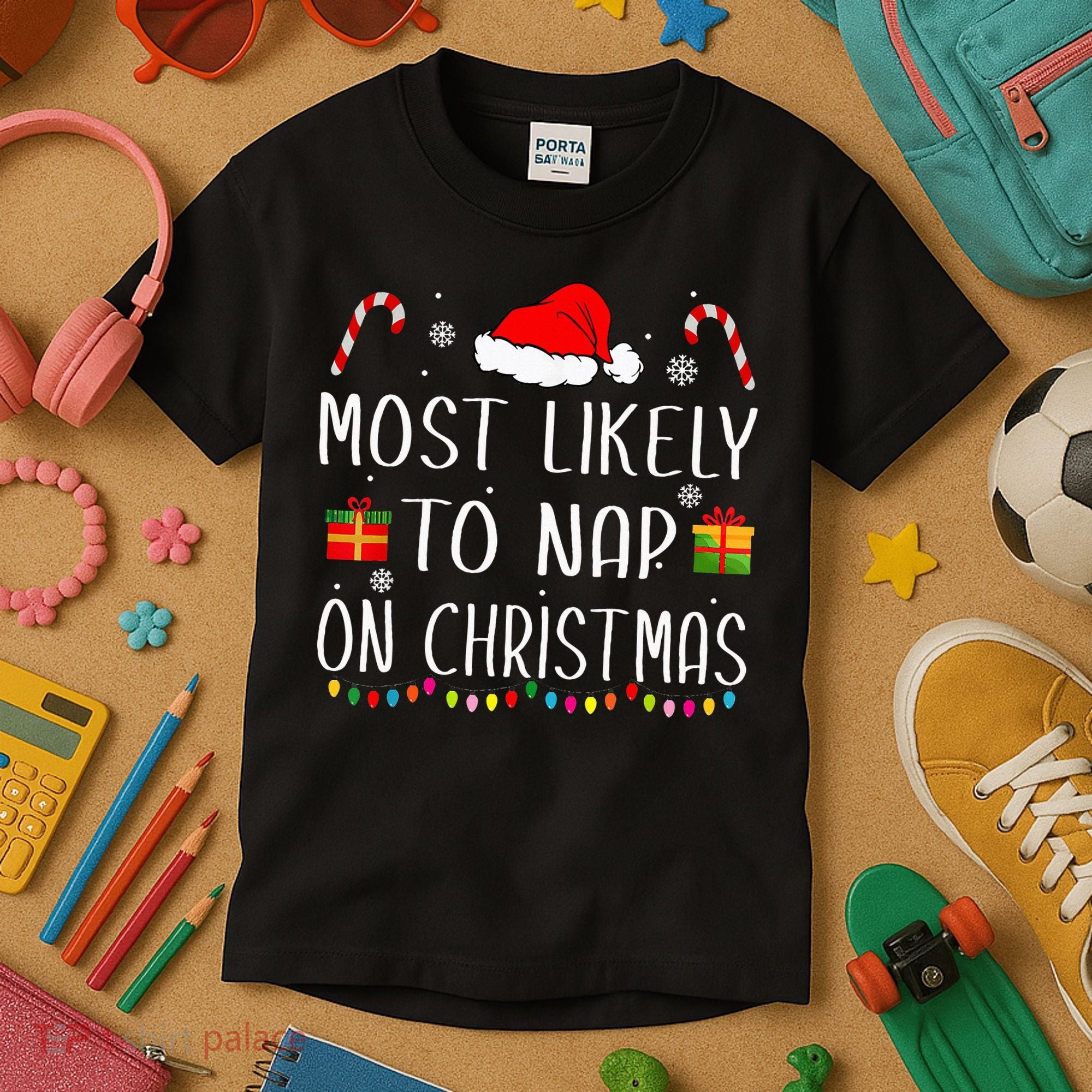 Most Likely To Nap On Christmas Family Funny Matching Kids T-Shirt