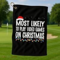 Most Likely To Play Video Games On Christmas Xmas Lights  Golf Towel thumb 1