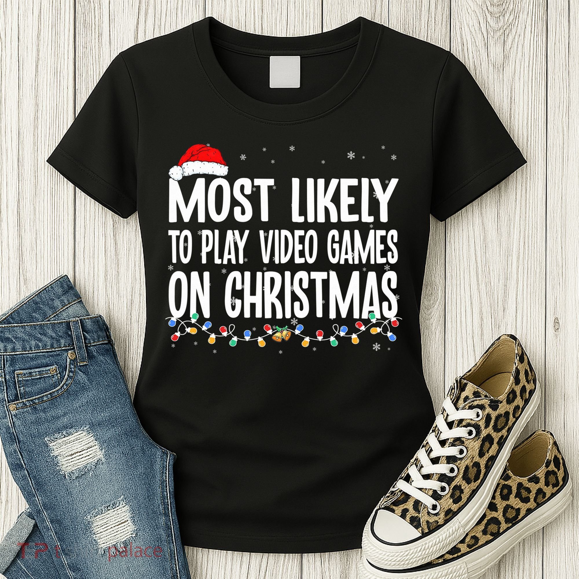 Most Likely To Play Video Games On Christmas Xmas Lights  Women's T-Shirt
