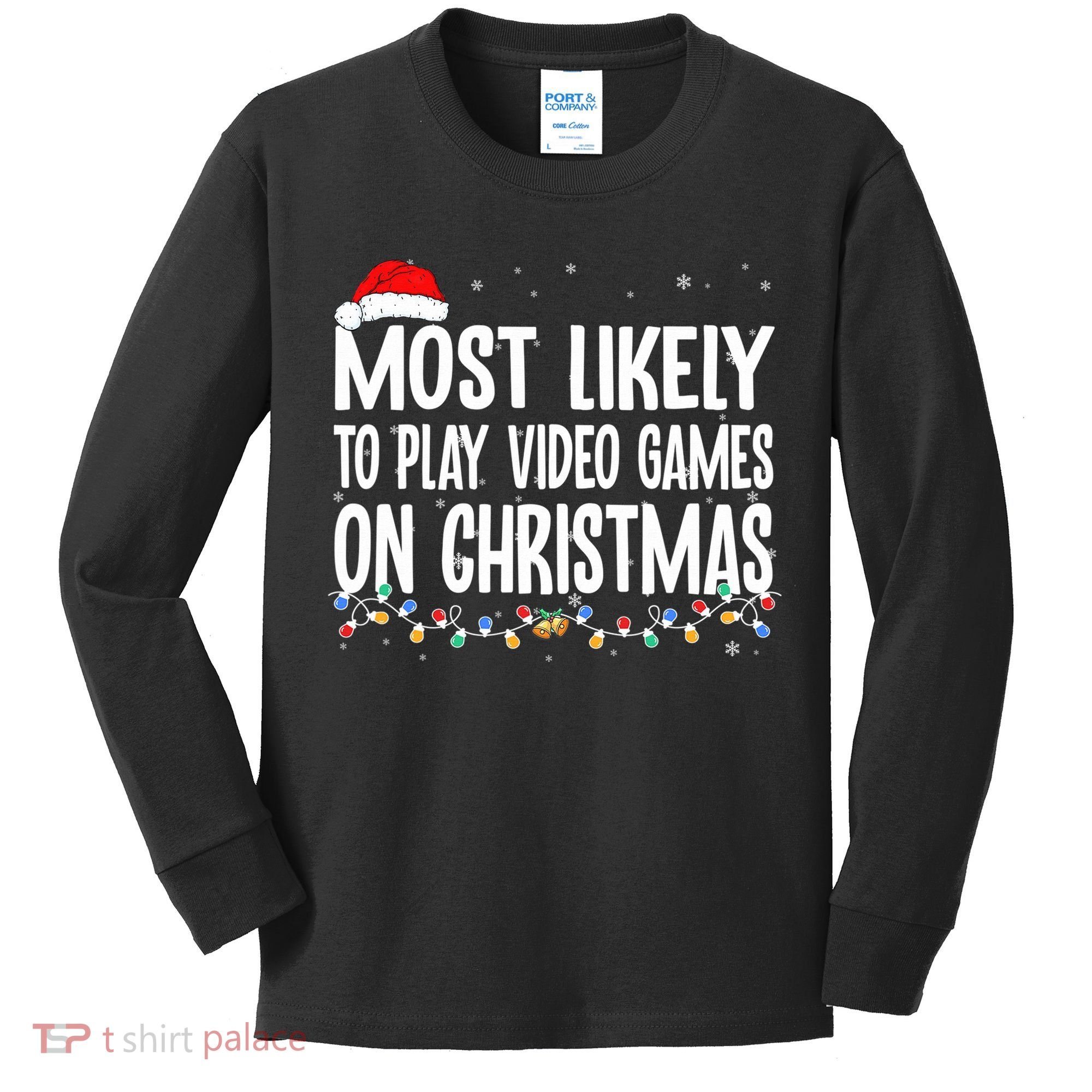 Most Likely To Play Video Games On Christmas Xmas Lights  Kids Long Sleeve Shirt