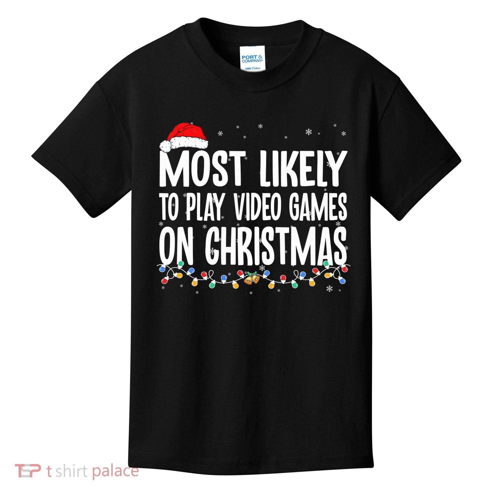 Most Likely To Play Video Games On Christmas Xmas Lights  Kids T-Shirt