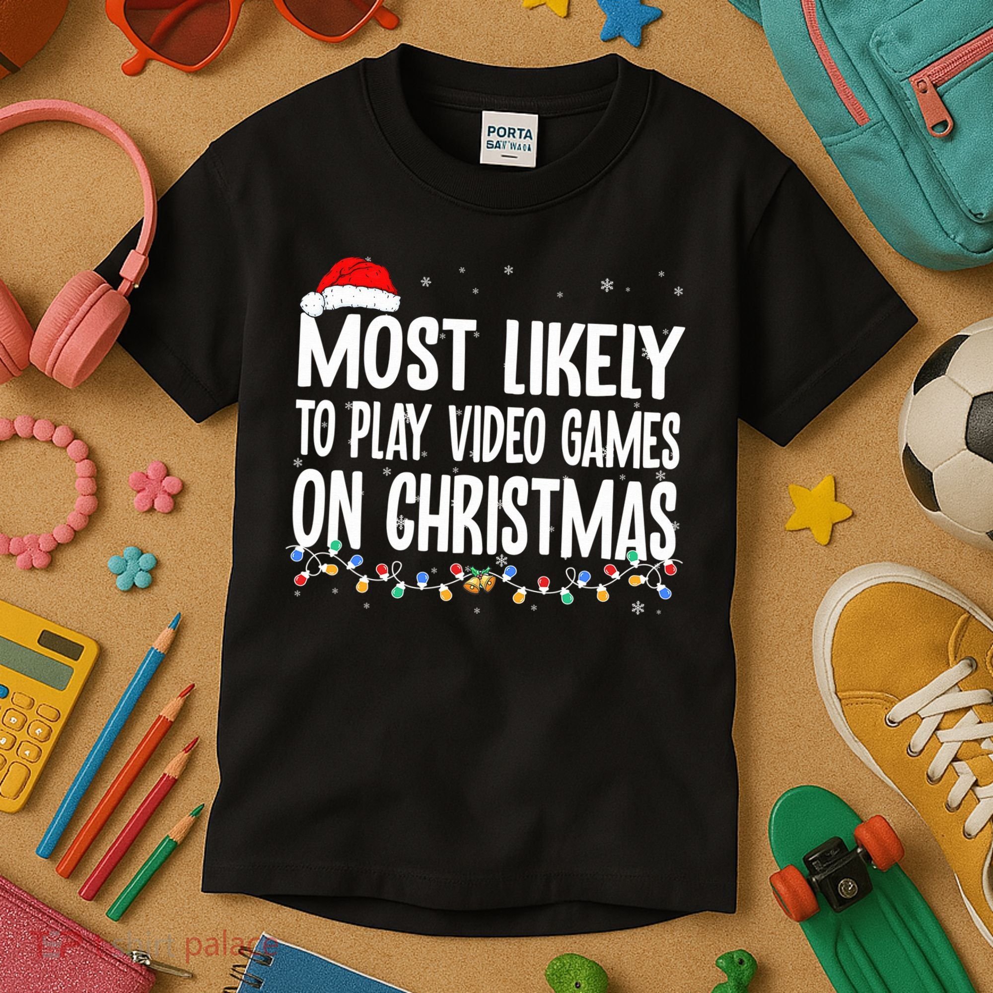 Most Likely To Play Video Games On Christmas Xmas Lights  Kids T-Shirt