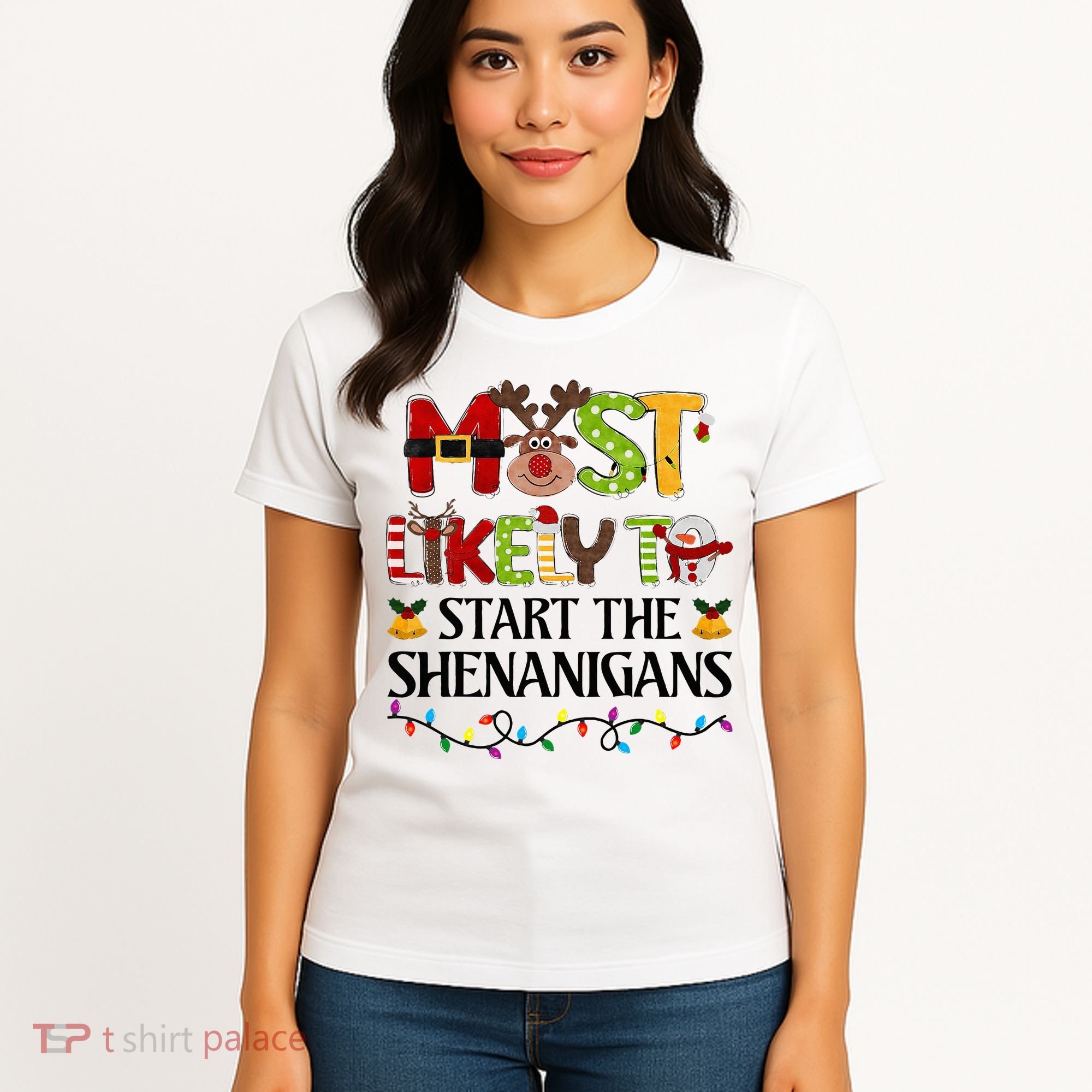 Most Likely To Start The Shenanigans Christmas Family Xmas Women's T-Shirt