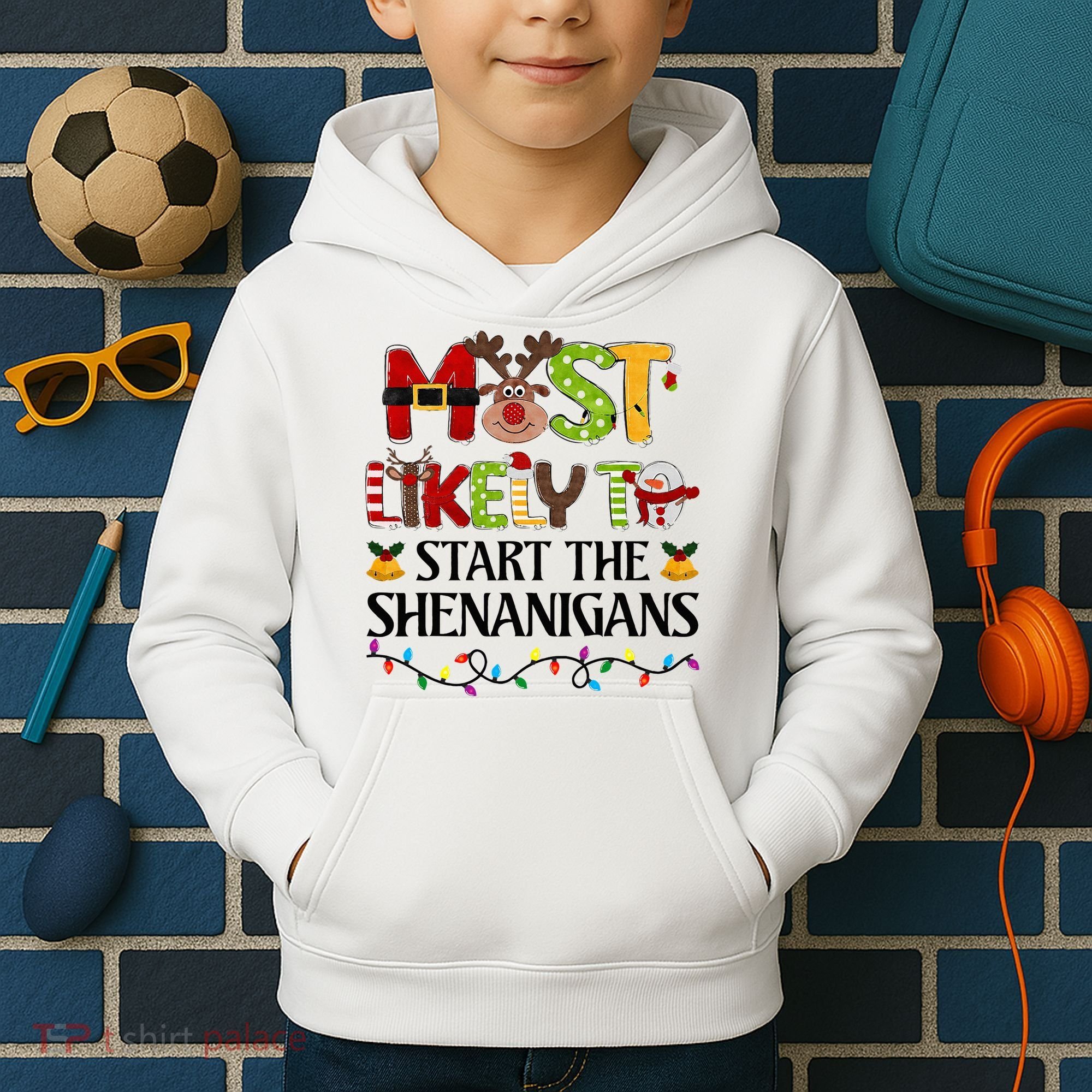 Most Likely To Start The Shenanigans Christmas Family Xmas Kids Hoodie