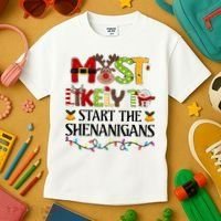 Most Likely To Start The Shenanigans Christmas Family Xmas Kids T-Shirt thumb 3
