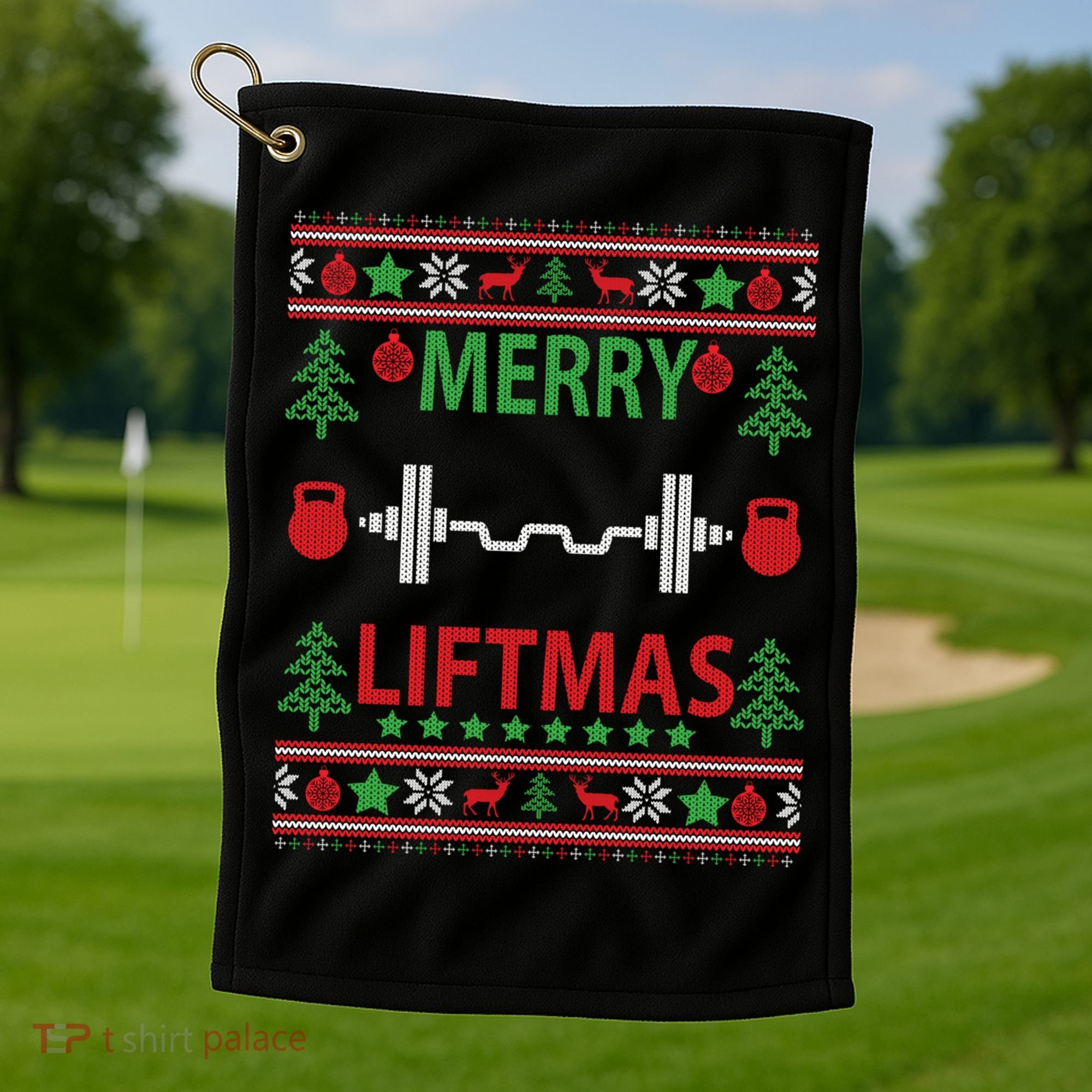 Merry Liftmas Ugly Christmas Sweater Gym Workout Gift Golf Towel