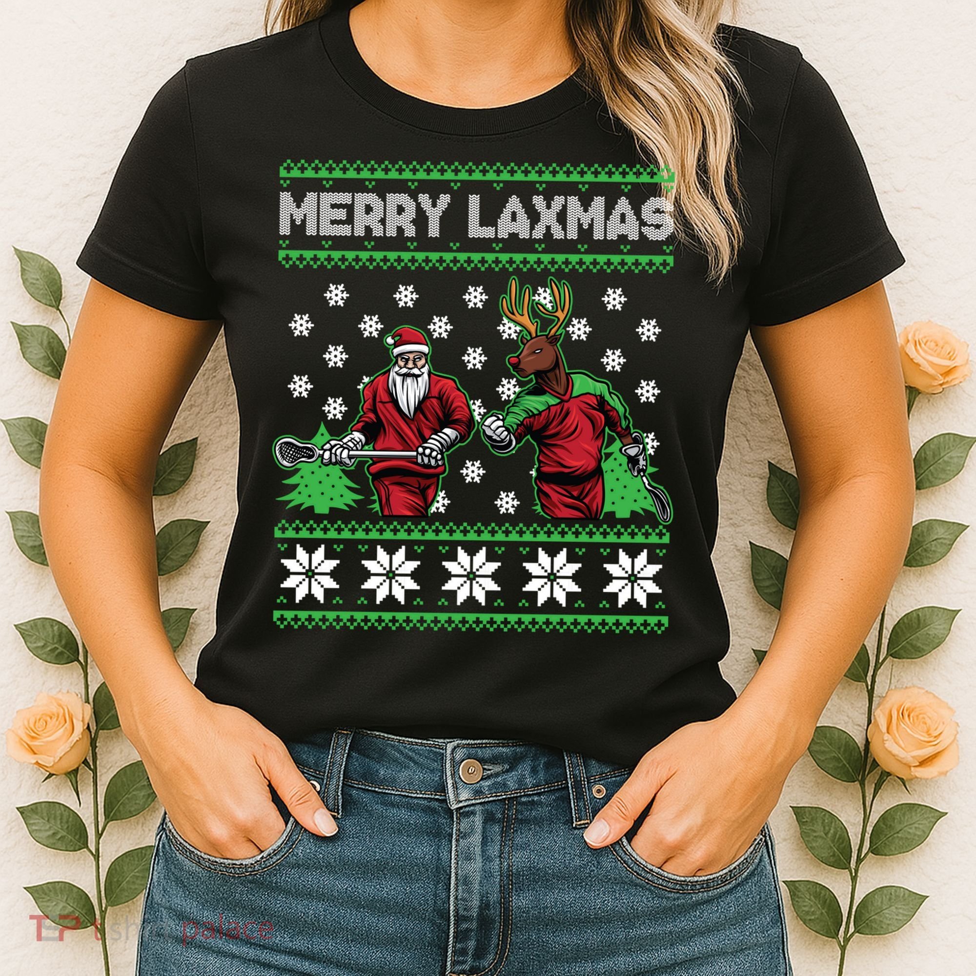 Merry Laxmas Ugly Christmas Lacrosse Santa Reindeer Sweater Sweatshirt Women's T-Shirt