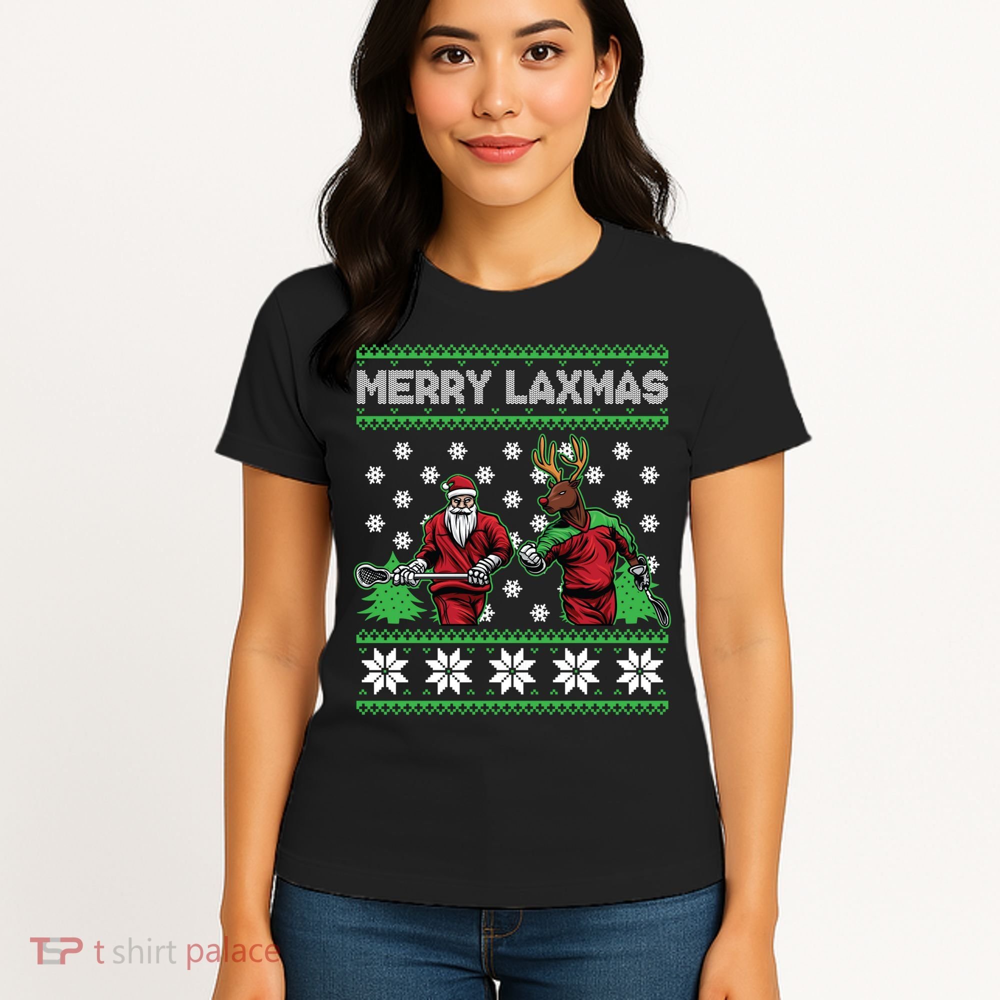 Merry Laxmas Ugly Christmas Lacrosse Santa Reindeer Sweater Sweatshirt Women's T-Shirt