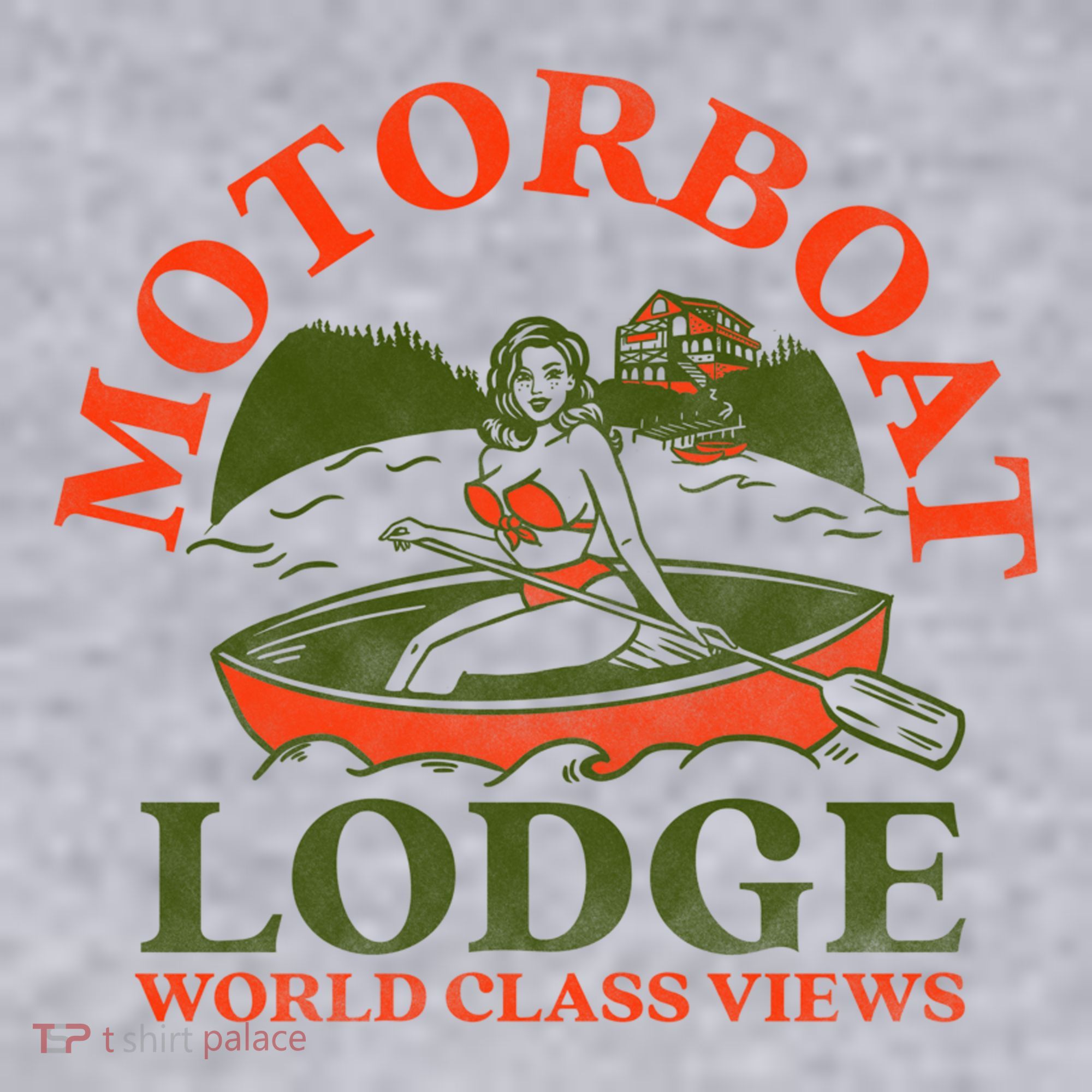 Motorboat Lodge World Class Views. Funny Retro Canoe Pinup Women's Sweatshirt