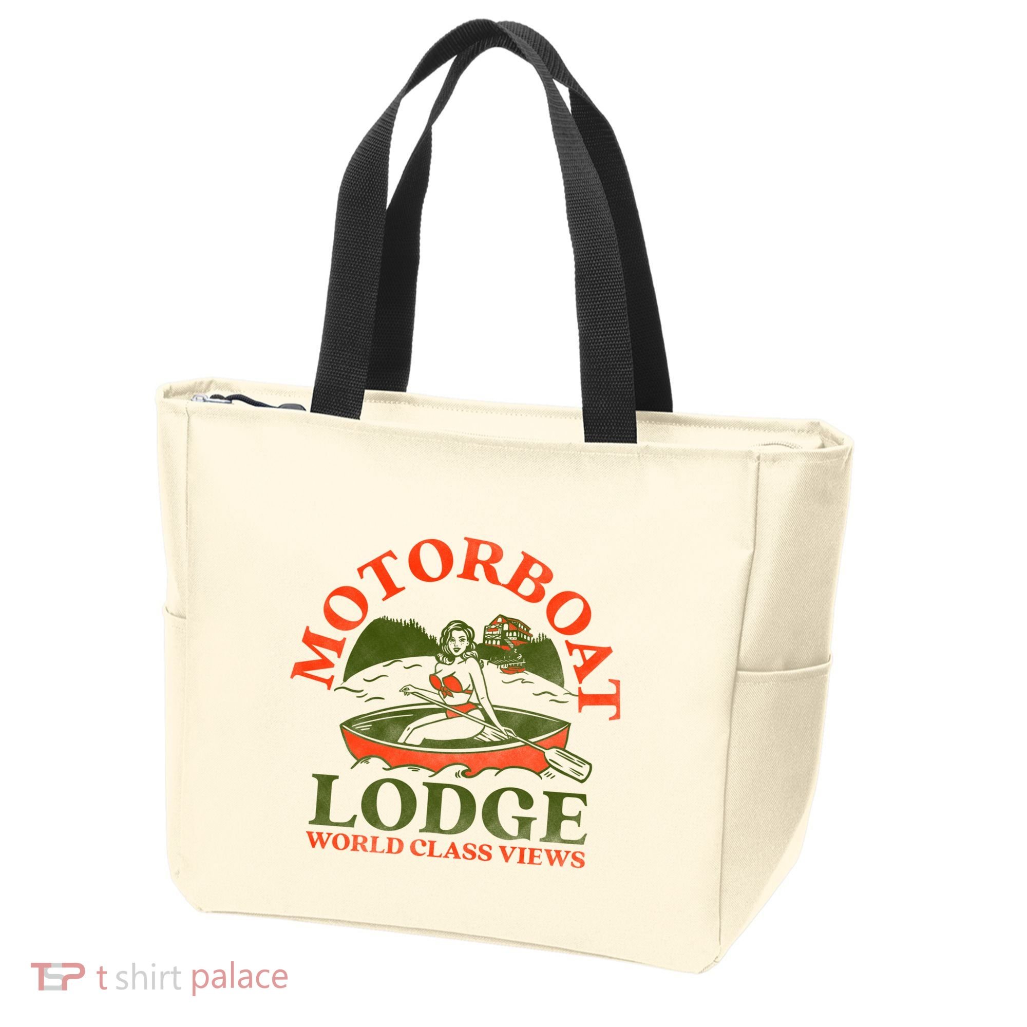 Motorboat Lodge World Class Views. Funny Retro Canoe Pinup Tote Bag
