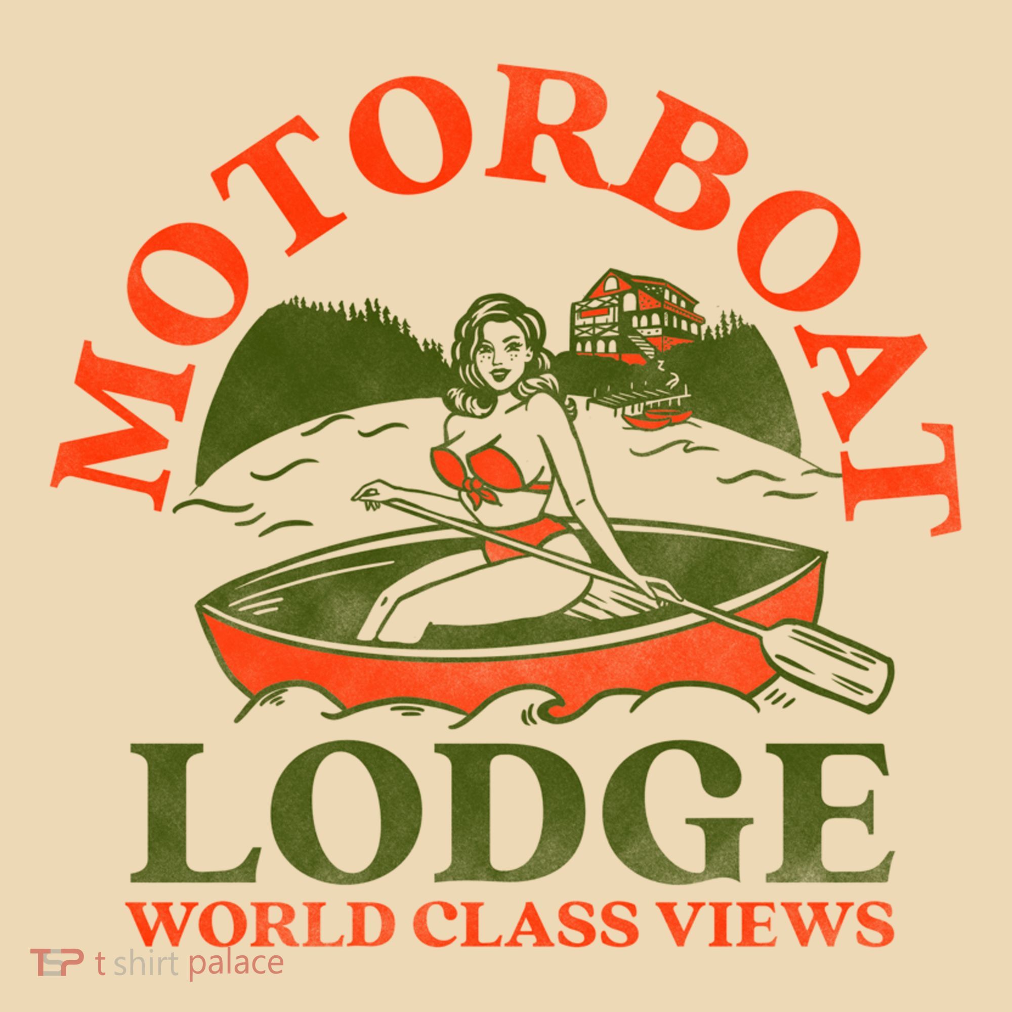 Motorboat Lodge World Class Views. Funny Retro Canoe Pinup Tote Bag