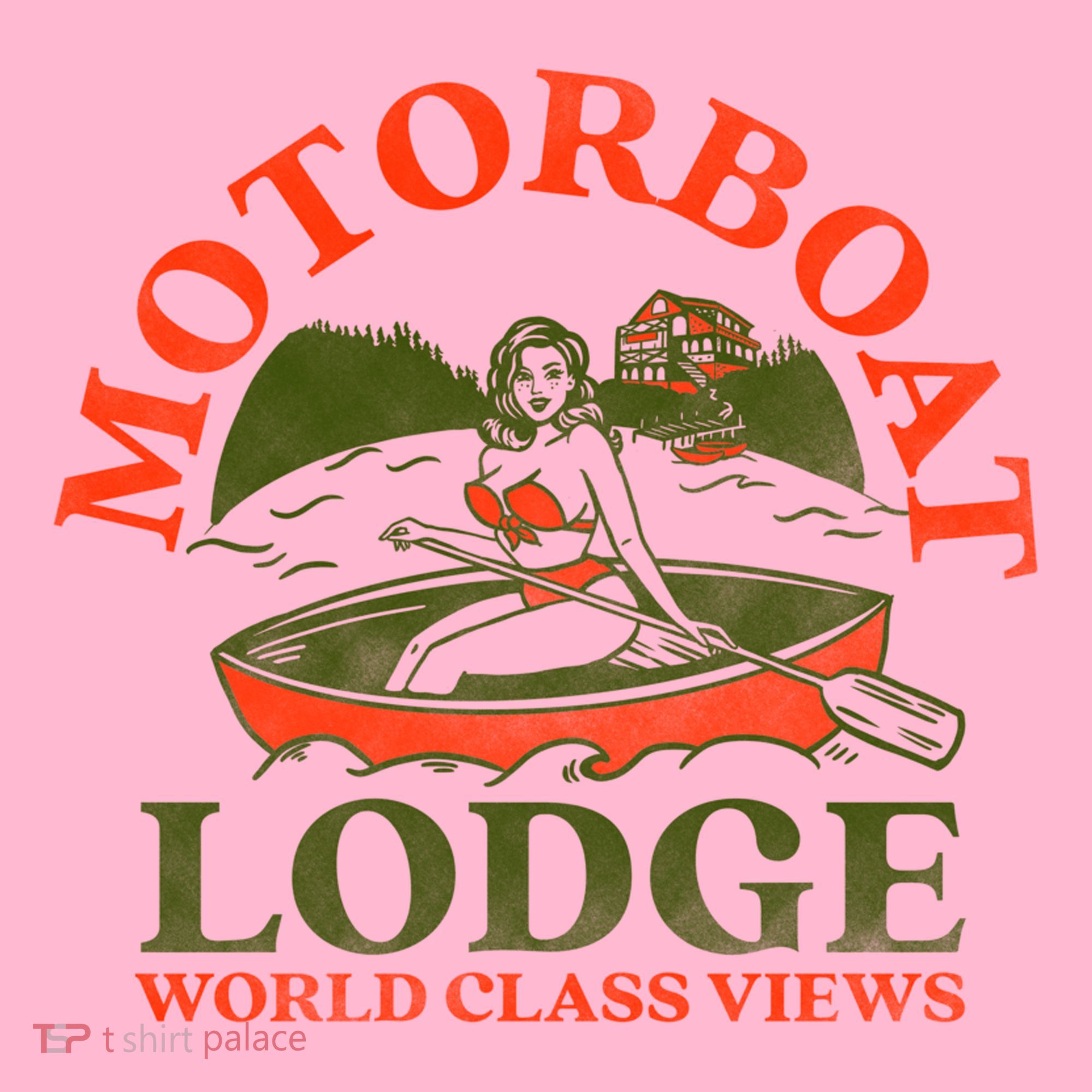Motorboat Lodge World Class Views. Funny Retro Canoe Pinup Coaster