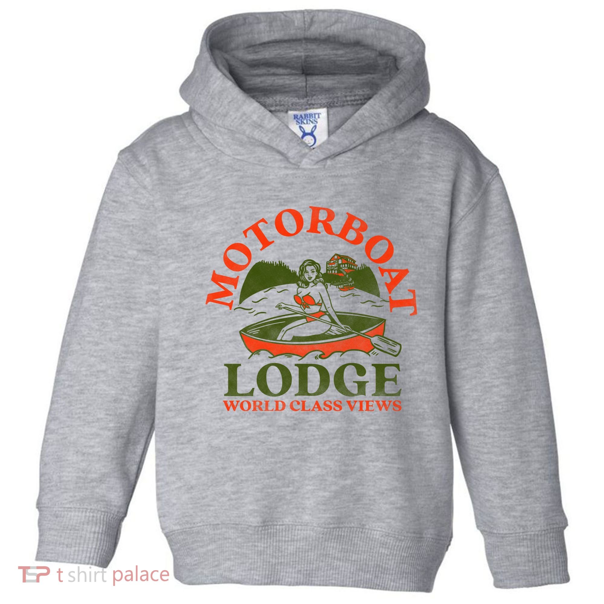 Motorboat Lodge World Class Views. Funny Retro Canoe Pinup Toddler Hoodie