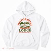 Motorboat Lodge World Class Views. Funny Retro Canoe Pinup Hoodie thumb 0