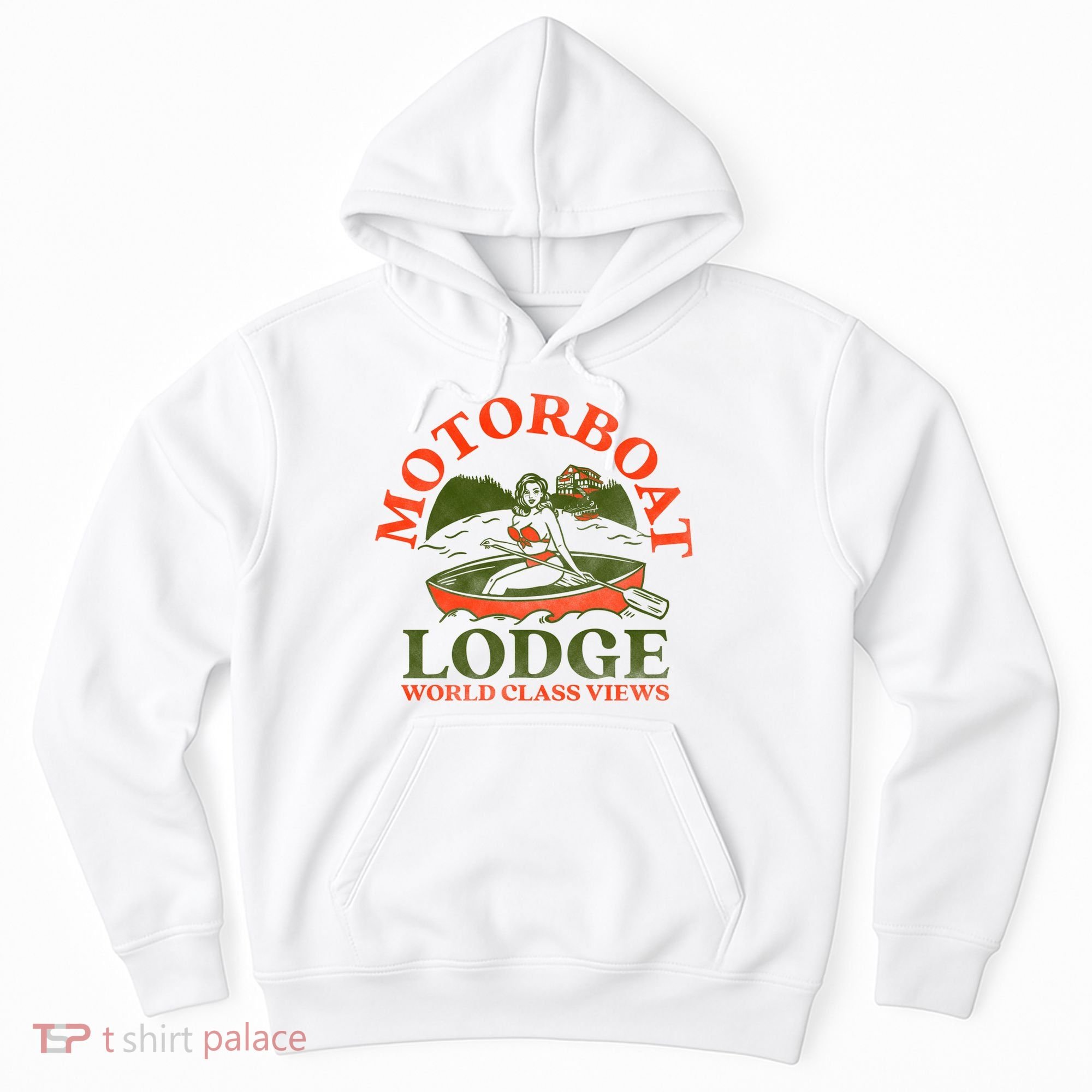 Motorboat Lodge World Class Views. Funny Retro Canoe Pinup Hoodie