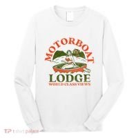 Motorboat Lodge World Class Views. Funny Retro Canoe Pinup Long Sleeve Shirt thumb 0