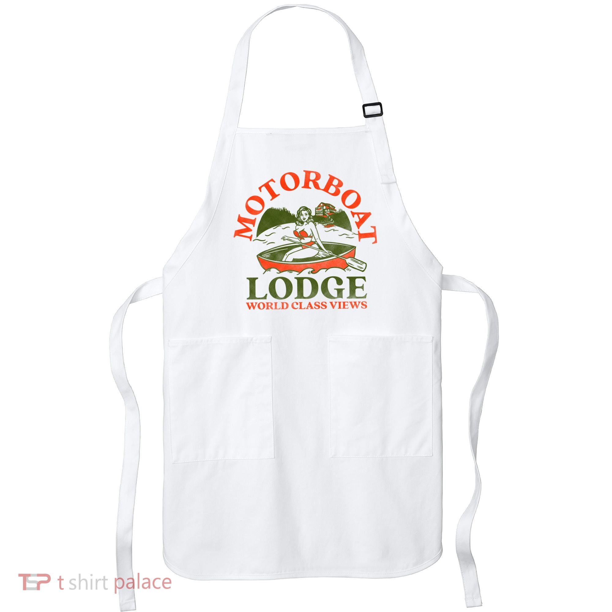 Motorboat Lodge World Class Views. Funny Retro Canoe Pinup Apron